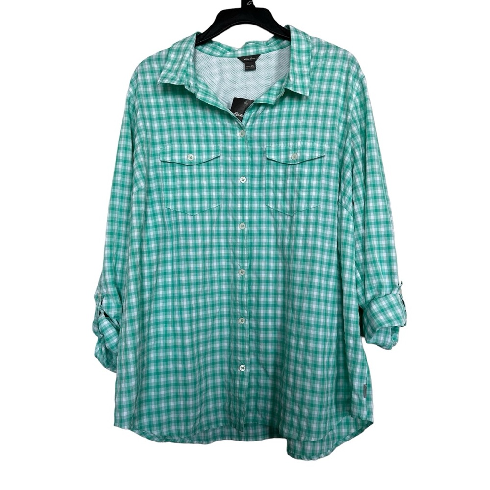 Eddie Bauer Women’s Sz 2XL Adventurer II Mint Green/White Checked Blouse NWT